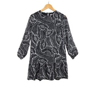 New Loft Feather Print Textured Long Sleeve Dress‎ size XXS Petite Black/White
